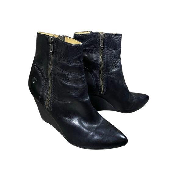 Frye Regina Black Leather Seam Wedge Booties - 8.5 - Picture 1 of 7